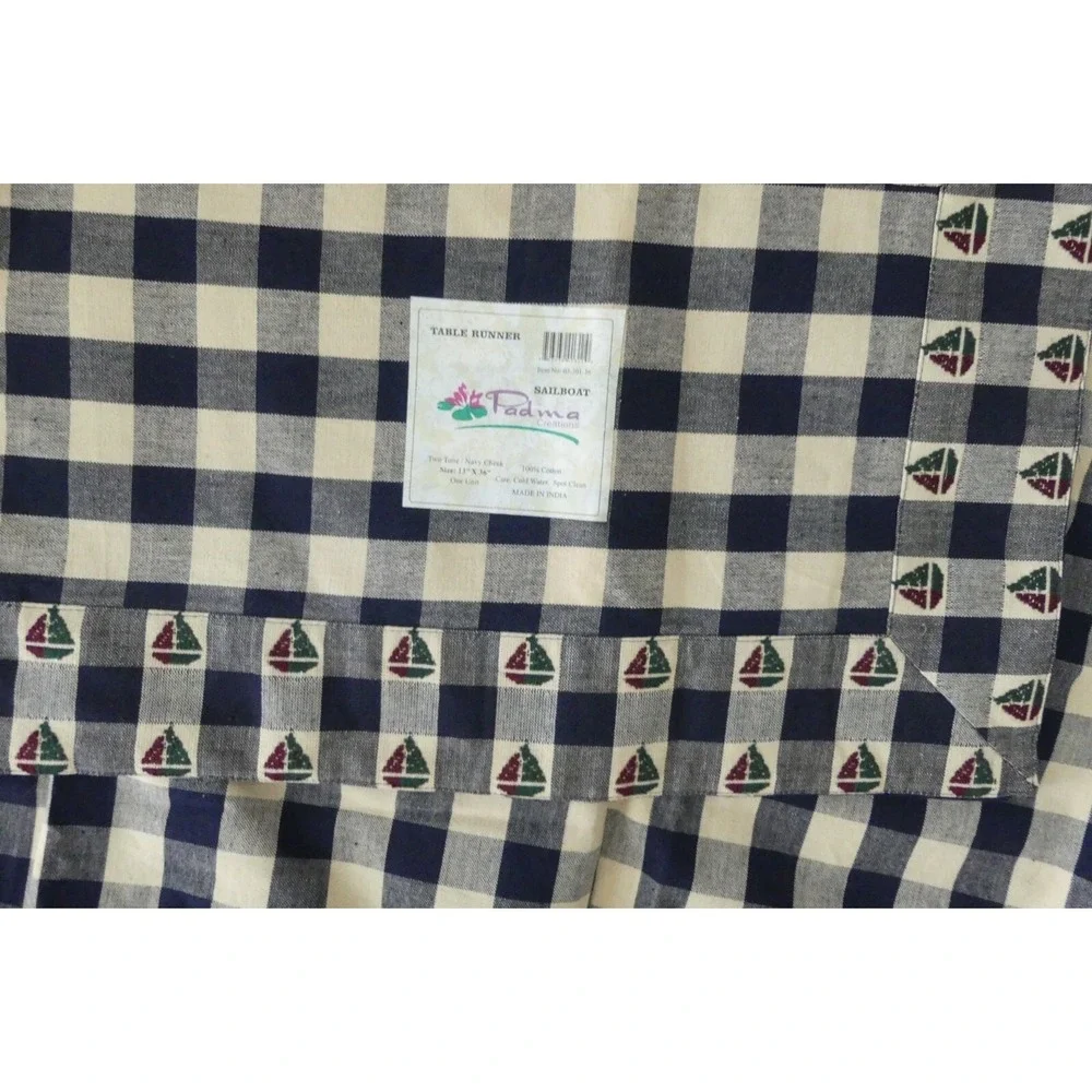 NEW Gingham Sailboat Cafe Curtains & Table Runner Nautical Lake Cottage Decor
